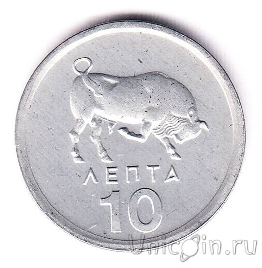 Зоокоин. Греческая Республика 10 Лепта 1976 г. бык. Uni Coin. 1 Лепто на монете какая Страна. UNICOIN.